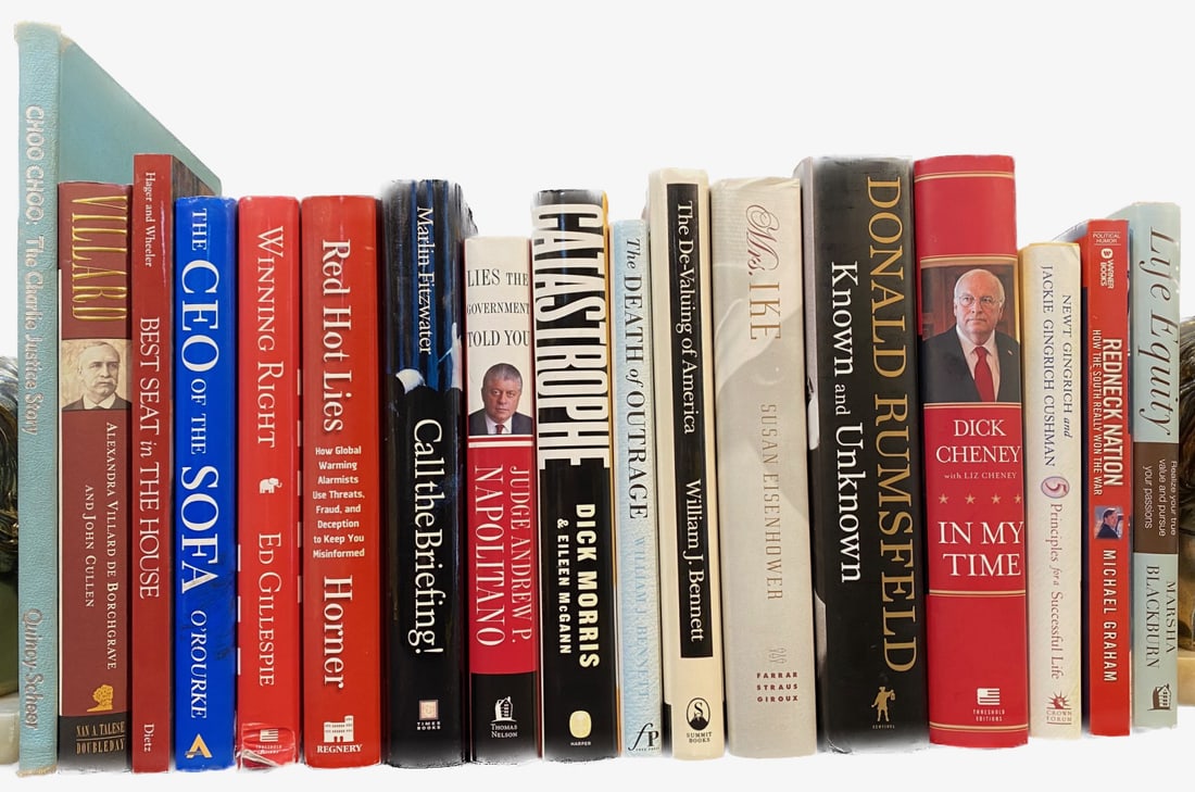 AUTHOR HAND SIGNED, RIGHT WING POLITICAL BOOK SET, 17 VOLUMES: A large collection of books that were written by and hand signed by various members of the Republican party. This set comes from a Virginia estate. Some of the authors include William J. Bennett, Pres