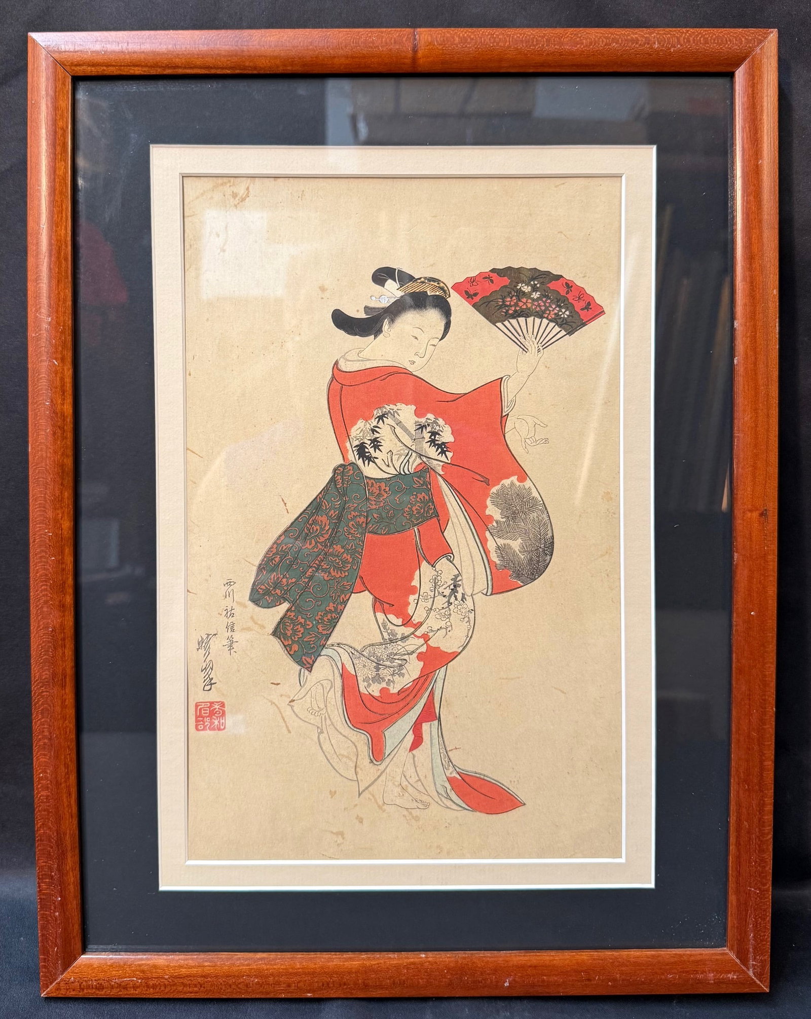 NISHIKAWA SUKENOBU (1671?1750) JAPANESE UKIYO-E BIJIN-GA WOODBLOCK PRINT, 13IN x 17IN (33cm x 43cm): Attractive Japanese ukiyo-e bijin-ga woodblock print after the renowned Kyoto master Nishikawa Sukenobu (1671?1750), titled Elegant Beauty Dancing with Fan. Sukenobu was one of the most influential ea