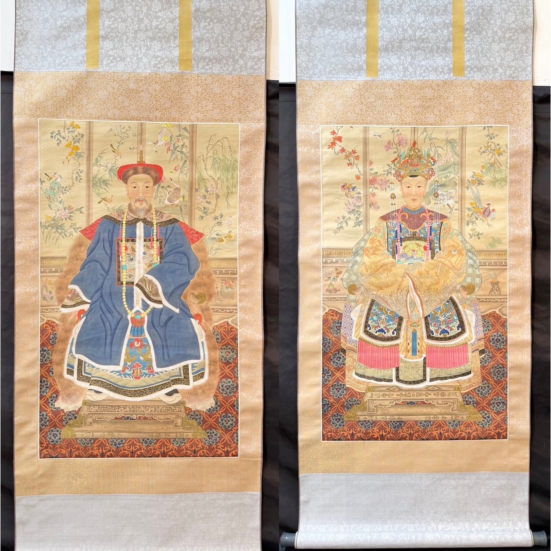 PAIR OF CHINESE QING STYLE ANCESTOR PORTRAIT HANGING SCROLLS, EARLY 1900s, 25IN x 64IN (64cm x: A finely executed matching pair of Chinese ancestor portrait hanging scrolls, depicting a seated Qing dynasty court official and a richly dressed female consort. The male figure is shown wearing 