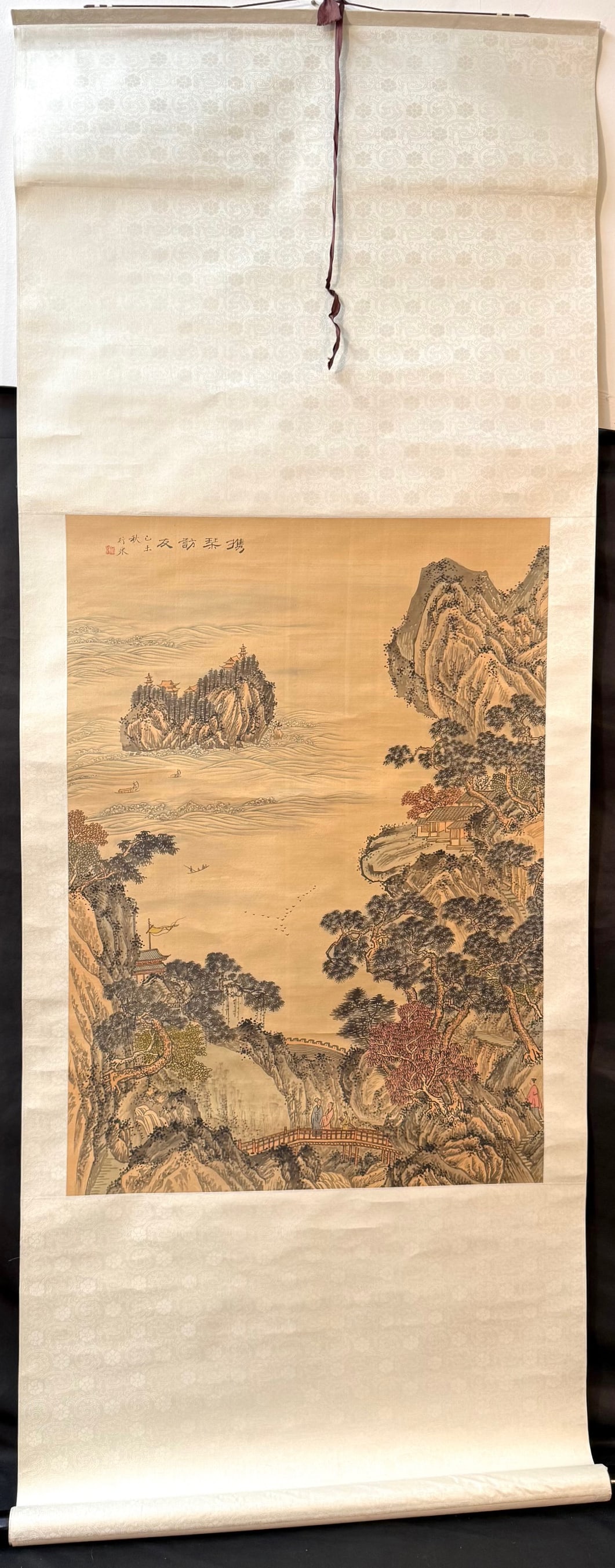 CHINESE LANDSCAPE HANGING SCROLL ON SILK TITLED SCHOLAR VISITING A FRIEND, MID 20th CENTURY, 26IN x (1 of 7)