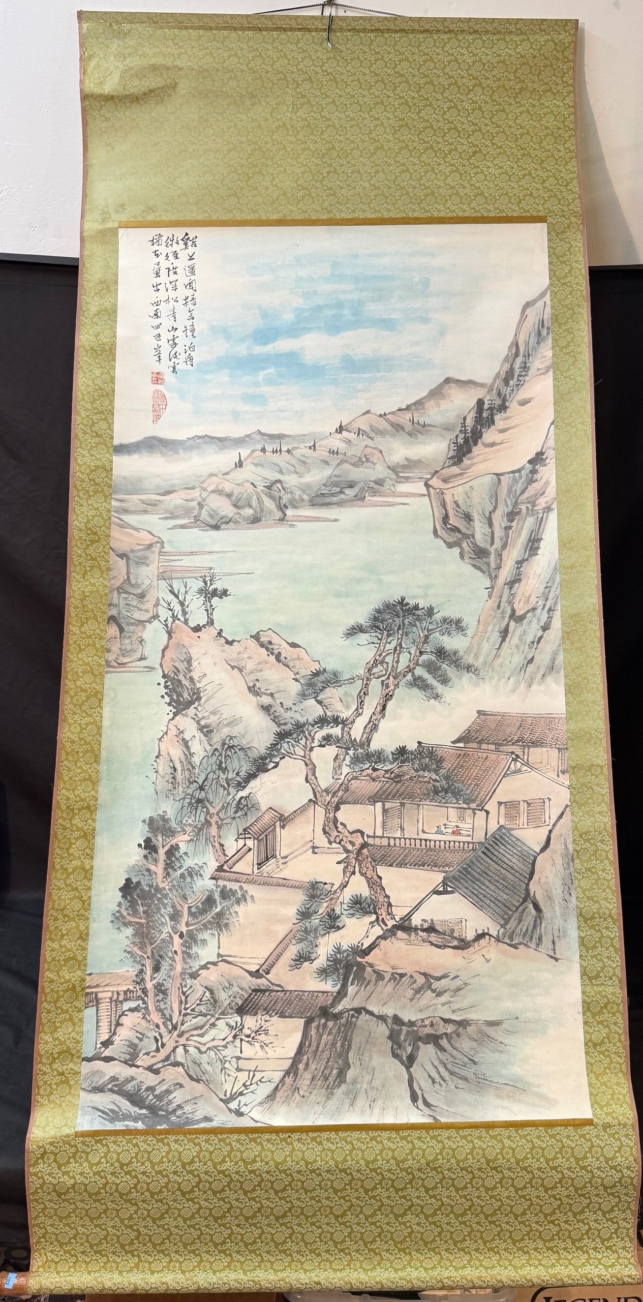 CHINESE LANDSCAPE HANGING SCROLL, INK AND COLOR, SIGNED BO SHAN, MID-20TH CENTURY, 32IN x 76IN (81cm: Beautiful hand-painted Chinese scroll depicting towering mountains, misty valleys, lakeside scenery, and a scholar?s pavilion tucked beneath colorful autumn foliage. Painted in the traditional literat
