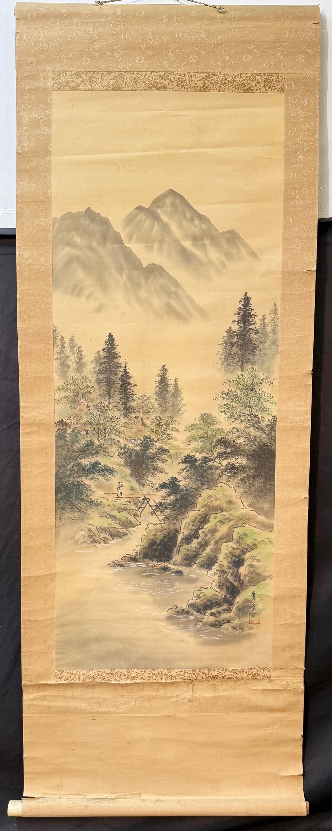 ORIGINAL KAWABATA SHUNGAKU (EARLY 20th CENTURY) JAPANESE NIHONGA LANDSCAPE SCROLL PAINTING, 23IN x: An original Kawabata Shungaku (20th Century) Japanese Nihonga landscape painting depicting misty layered mountains, pine trees, and a figure crossing a rustic bridge. This is s characteristic of late 