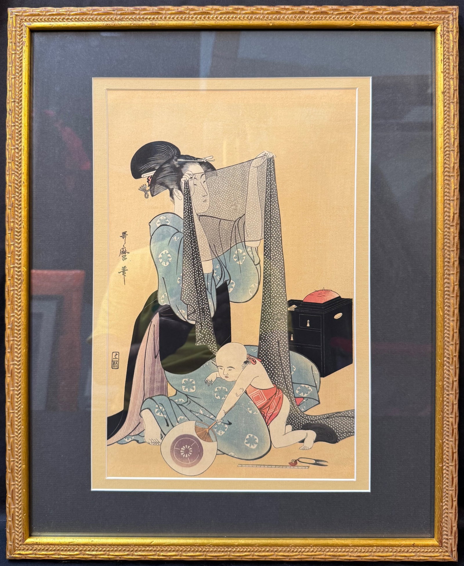 ANTIQUE JAPANESE WOODBLOCK PRINT, AFTER KITAGAWA UTAMARO (1753-1806) TITLED HARI-SHIGOTO WITH COA, (1 of 11)