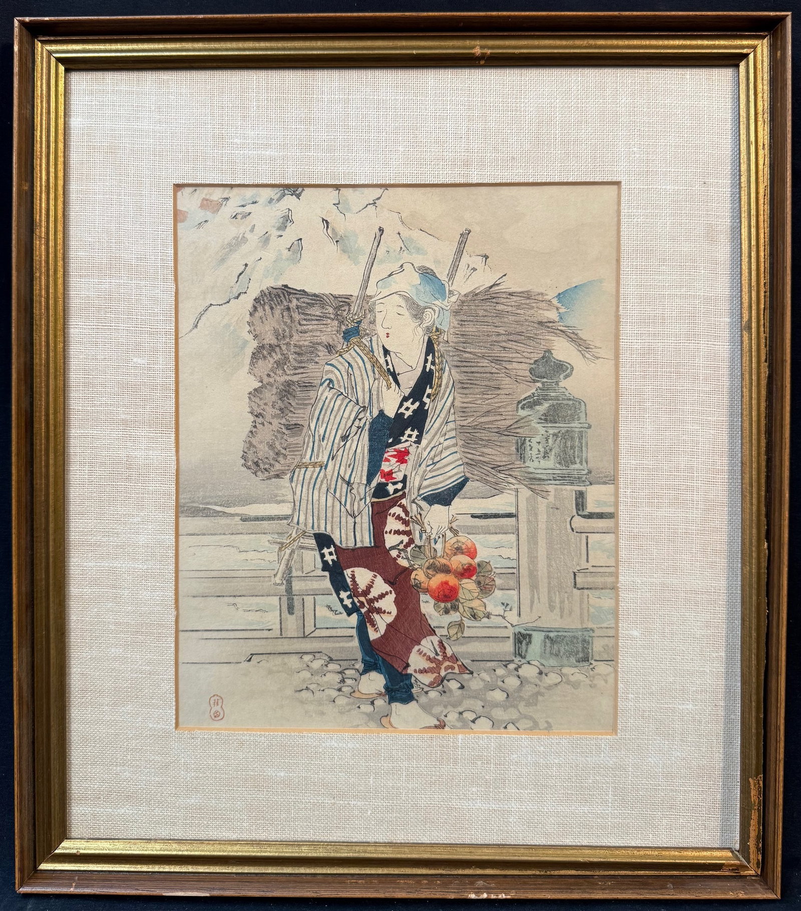 MISHIMA SHOSO (1856-1928) ORIGINAL, ANTIQUE JAPANESE WOODBLOCK PRINT TITLED SELLING FIREWOOD, 14IN x: Mishima Shoso (1856-1928) antique Japanese woodblock print titled Selling Firewood. This is a rare, original Kuchi-e print from the magazine Bungei Kurabu, Volume 14, Number 15. This piece was printed