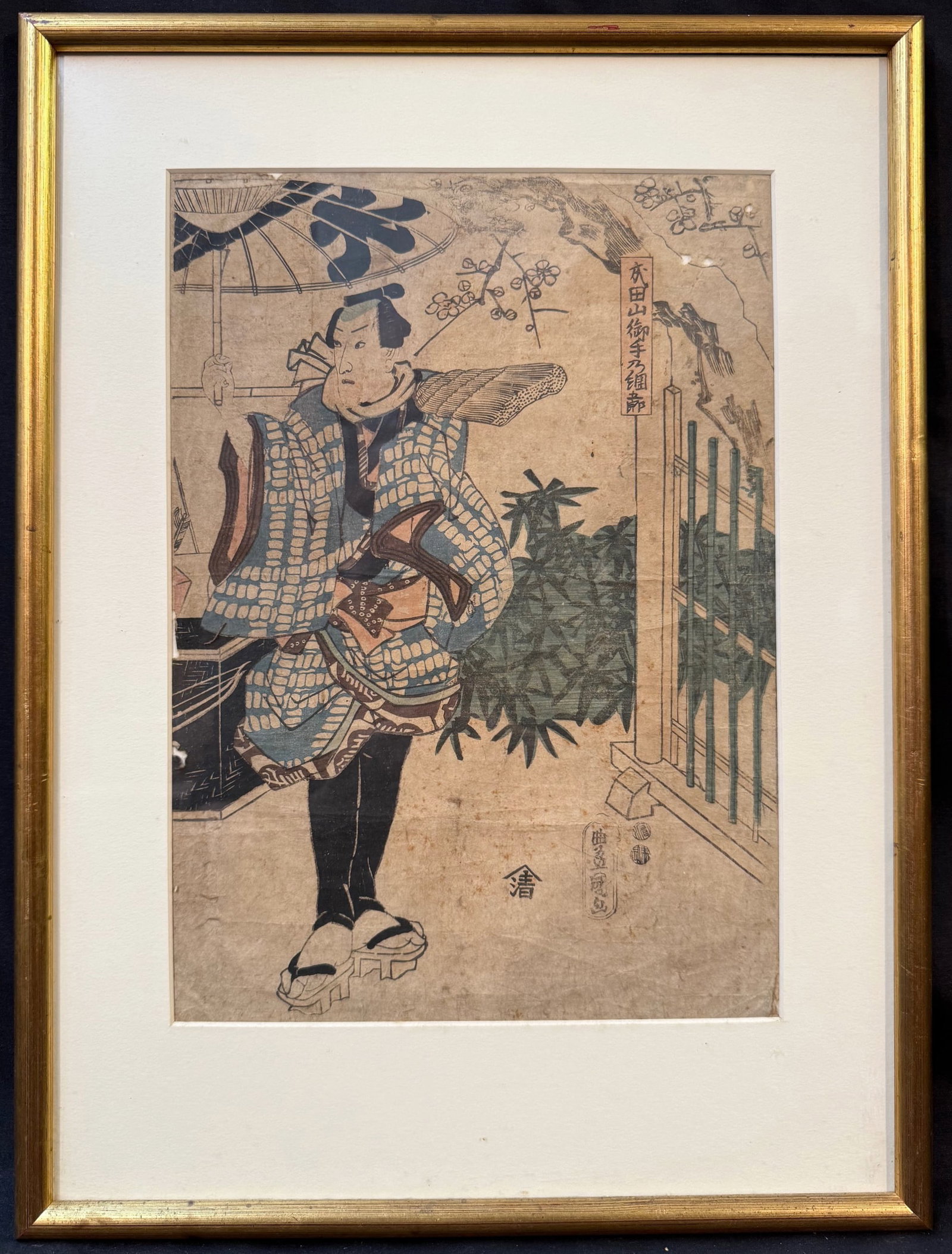 ANTIQUE ORIGINAL JAPANESE WOODBLOCK PRINT BY UTAGAWA KUNISADA (1786-1864) 15IN x 20IN (38cm x 51cm): An antique original Japanese woodblock print by Utagawa Kunisada, also known as Toyokuni III (1786-1864). It is matted and framed under glass and it measures 15 inches x 20 inches. This piece is belie