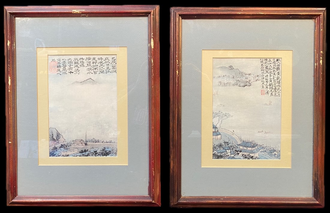 TWO SHITAO (1656-1707) LANDSCAPE PRINTS, 13IN x 16IN (33cm x 41cm): Two landscape prints by Chinese artist Shitao (1656-1707). They are matted and framed under glass and they measure 13 inches x 16 inches each. These pieces are believed to be over 50 years old. These 