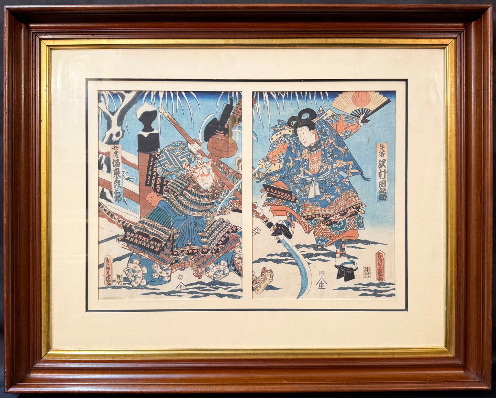 RARE ORIGINAL TOYOKUNI III (UTAGAWA KUNISADA) SAMURAI WOODBLOCK DIPTYCH TITLED BENKEI & YOSHITSUNE: A rare and visually striking original Japanese ukiyo-e woodblock diptych by Utagawa Kunisada (1786?1865), also known as Toyokuni III, depicting the legendary encounter between the warrior monk Benkei 