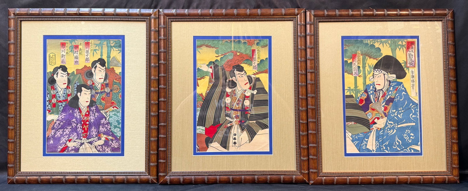 ANTIQUE ORIGINAL JAPANESE TRIPTYCH WOODBLOCK PRINT BY TOYOHARA KUNICHIKA (1835-1900) 18.5IN x 21.5IN: An original antique Japanese triptych woodblock print by Toyohara Kunichika (1835-1900). This piece is titled Kanjincho, or The Subscription List. The play is based on the Noh play Ataka, and is one o