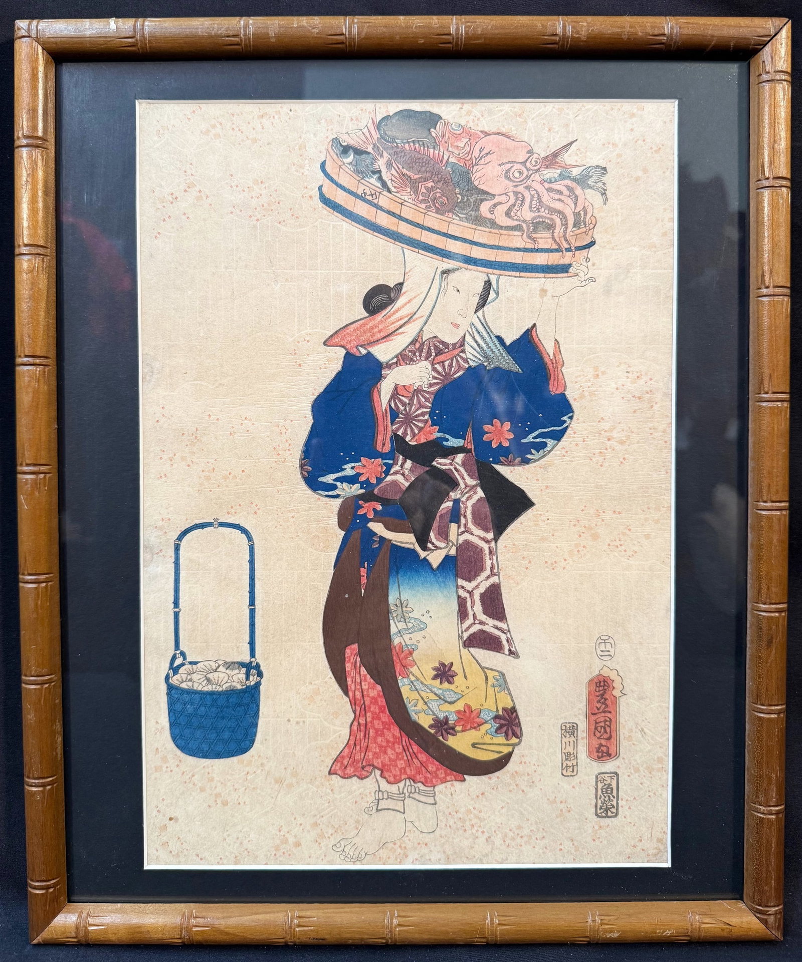 JAPANESE WOODBLOCK PRINT BY UTAGAWA KUNISADA (1786-1864) TITLED OBAN, MEASURES 14IN x 17IN (35cm x: A Japanese woodblock print by Utagawa Kunisada (1786-1864) titled Oban, from the Prince Genji diptych series. It is matted and framed under glass and it measures 14 inches x 17 inches. This piece is b