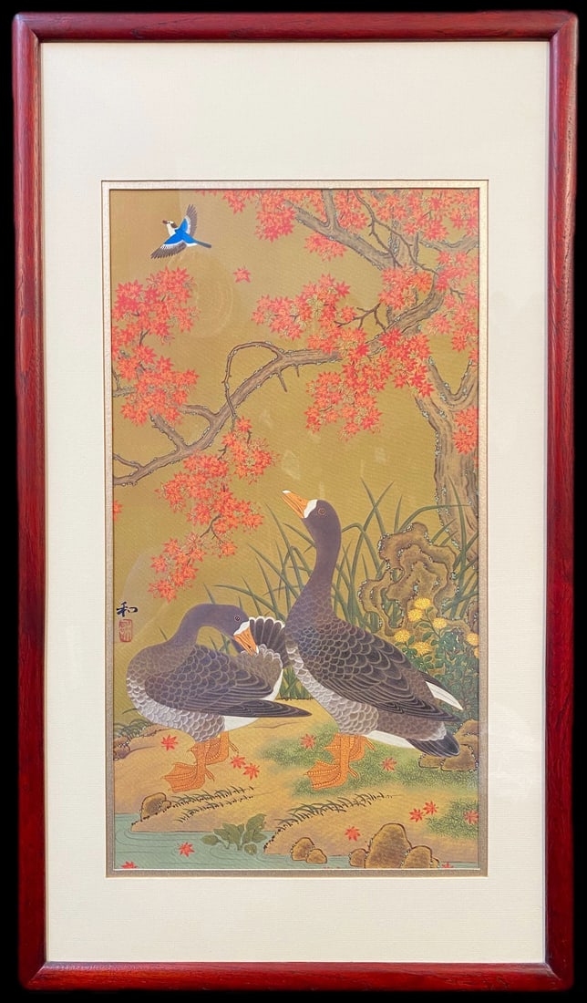 LITHOGRAPH ON SILK BY KAZURA TOZUKA (20TH CENTURY) TITLED GARDEN OF THE WILD GEESE, 17.5IN x 31IN: Lithograph on silk by Japanese artist Kazura Tozuka (20th Century) titled Garden of the Wild Geese. It was produced in 1985. It is double matted and framed under glass and it measures 17.5 inches x 31