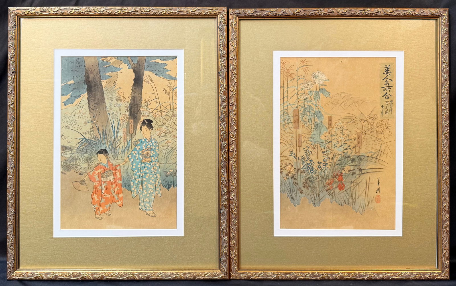 ANTIQUE JAPANESE DIPTYCH WOODBLOCK PRINTS BY OGATA GEKKO (1859-1920), 15IN x 21IN (38cm x 53cm): Antique Japanese diptych woodblock prints by Ogata Gekko (1859-1920). These two pieces are each matted and framed under glass in a black frame. With frame, each measures 15 inches x 21 inches. These p