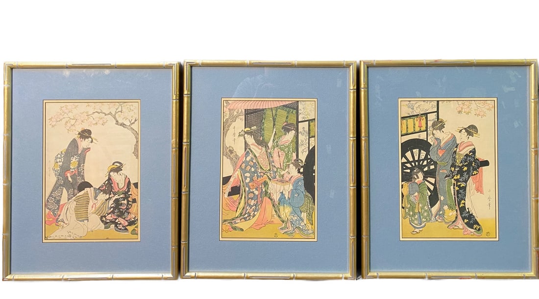 TRIPTYCH JAPANESE WOODBLOCK PRINTS BY KITIGAWA UTAMARO (1753-1806) TITLED PARODY OF AN IMPERIAL (1 of 10)