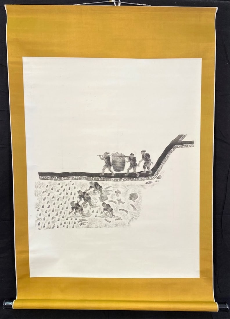 CHINESE SCROLL CHARCOAL RUBBING ? 21 IN x 27 IN: Chinese scroll charcoal rubbing depicting people working in a rice field. Charcoal rubbing on paper, mounted on silk scroll. The entire mat measures 25in X 36in. The actual piece measures 21in X 27in.
