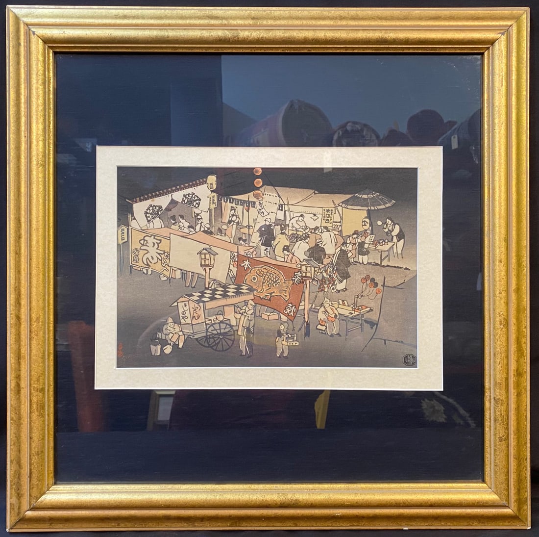 ANTIQUE JAPANESE WOODBLOCK PRINT BY TSUKIOKA KOGYO (1869-1927), 24.0IN x 24.0IN (61cm x 61cm): Japanese woodblock print by Tsukioka Kogyo (1869-1927). This piece is double matted and framed under glass, in golden frame. With frame, it measures 24.0 inches x 24.0 inches. This was acquired from a