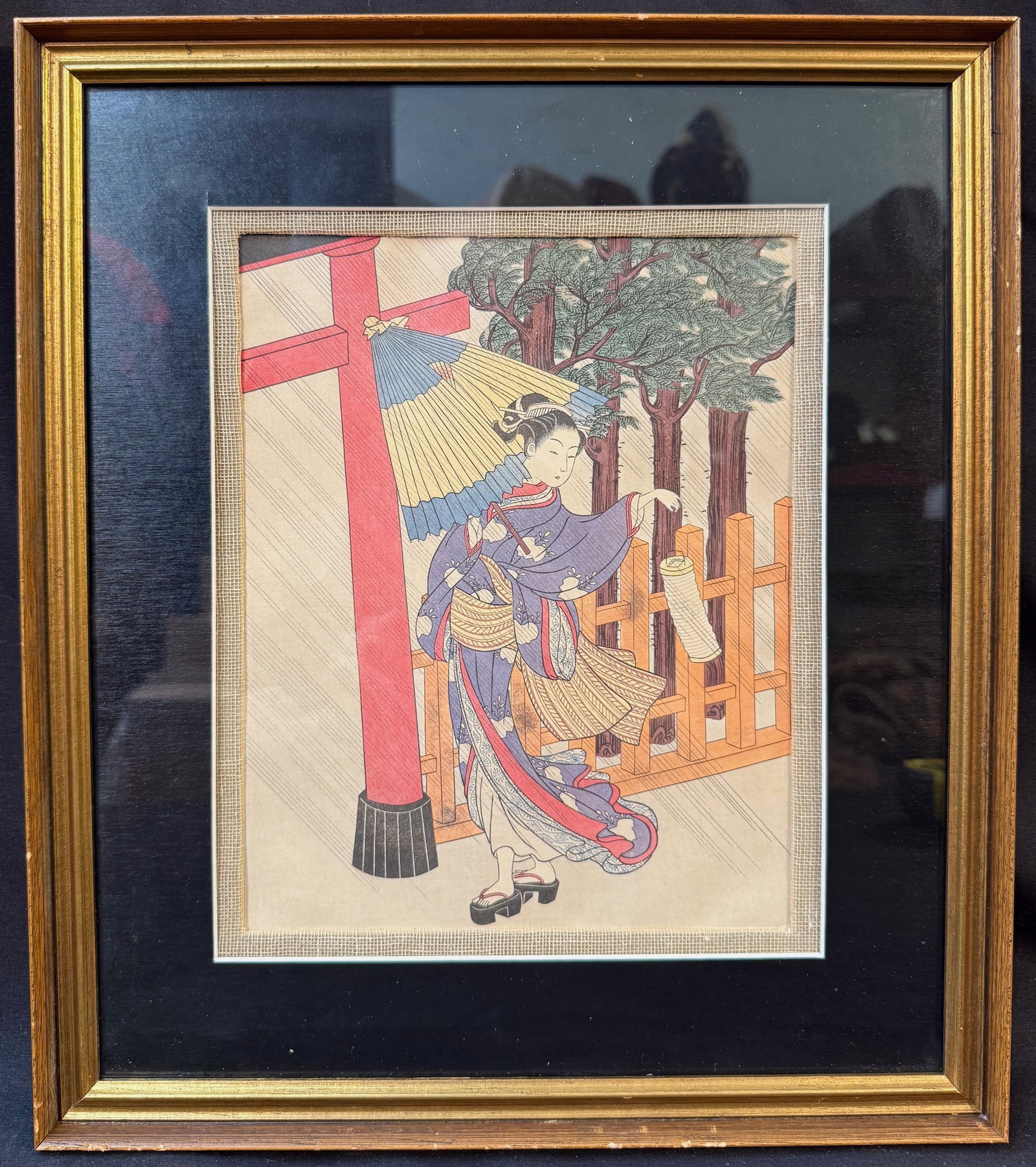ANTIQUE JAPANESE WOODBLOCK PRINT BY SUZUKI HARUNOBU (1724-1770), 14.5IN x 16IN (37cm x 41cm): Antique Japanese woodblock print by Suzuki Harunobu (1724-1770) titled Woman Visiting a Shrine. This piece is after the original which was first printed in the mid 1700s. This piece is believed to be 