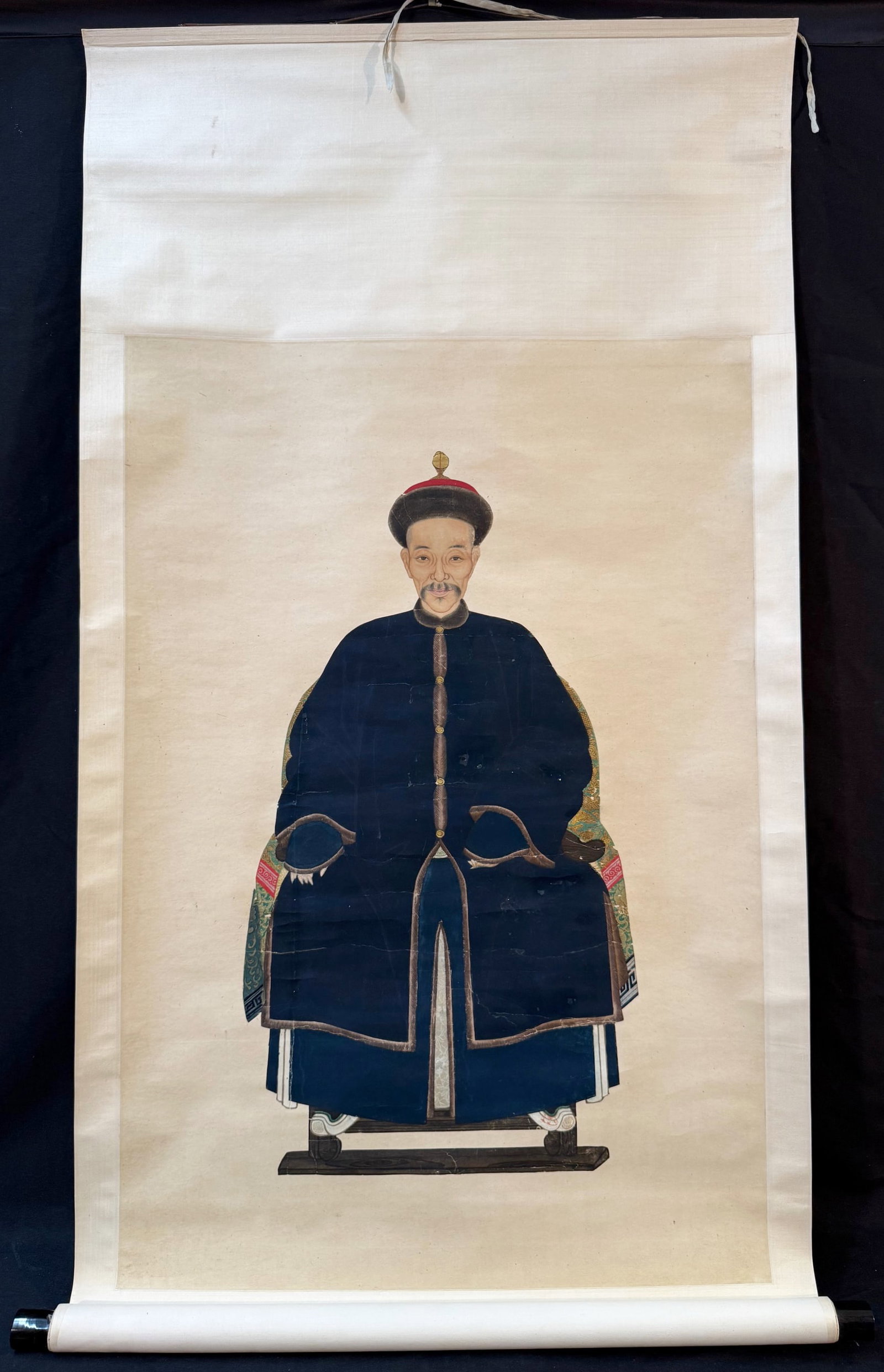 CHINESE SCROLL PAINTING, POSSIBLY AN ANCESTOR, 27IN x 53IN (69cm x 135cm): A Chinese scroll painting depicting a powerful man, possibly an ancestor. A beautiful painting, attached to a silk backing. The entire scroll measures 27 inches X 53 inches. The subject, format and to