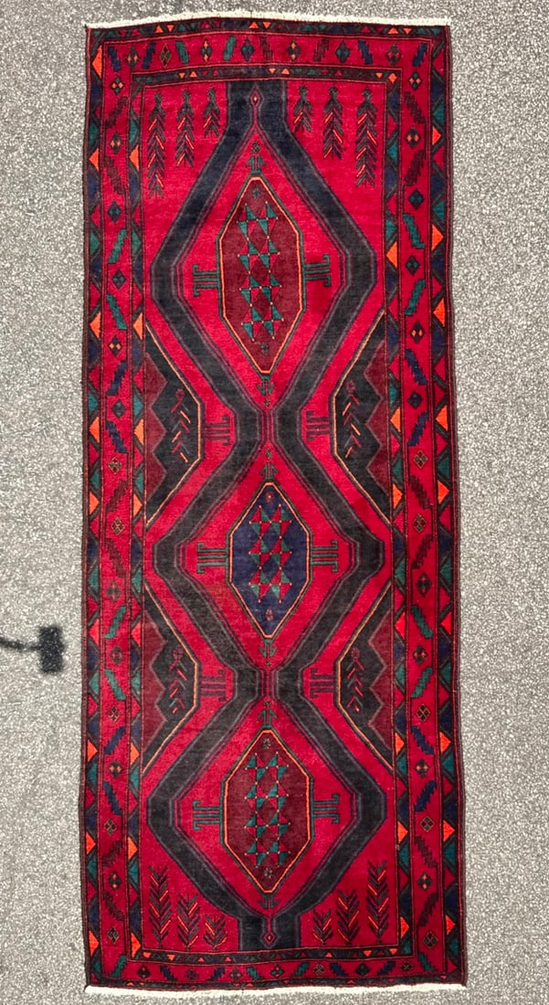 VINTAGE PERSIAN SHIRAZ HAND KNOTTED RUNNER, 4.2 x 10.8 (127cm x 325cm): Offered here is a vintage, Persian Shiraz runner that was hand knotted in Persia of 100 percent natural wool on a cotton foundation. It has medium wool piles and is in like new condition.