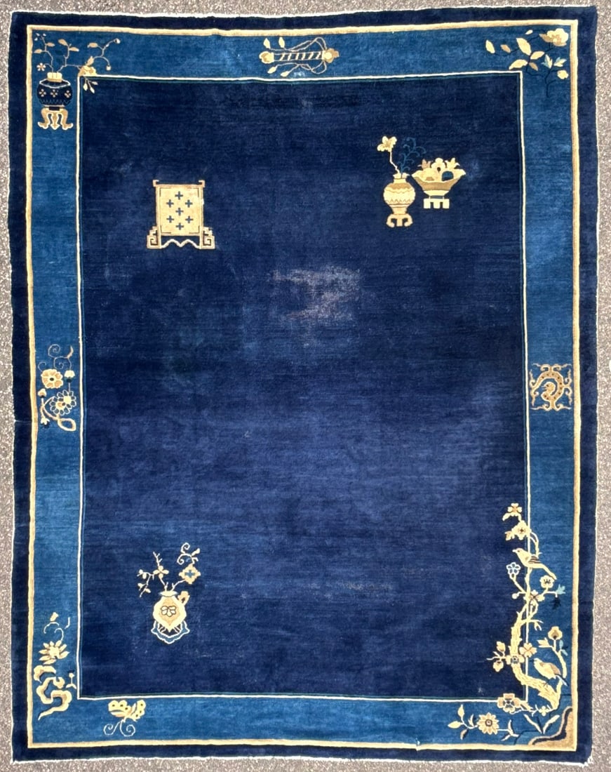 ANTIQUE CHINESE NICHOLS, ART DECO HAND-KNOTTED RUG, INDIGO FIELD, MINIMALIST OPEN DESIGN, 1920S, 9.2 (1 of 5)