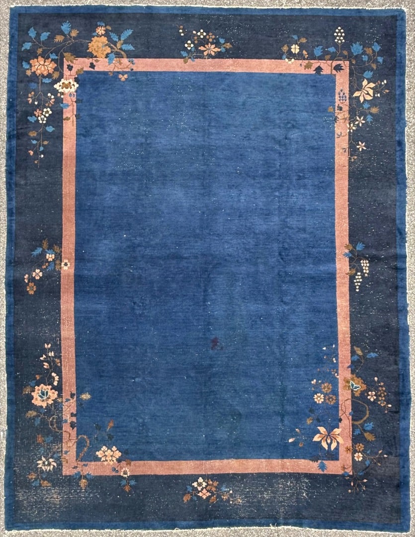 ANTIQUE CHINESE NICHOLS ART DECO HAND-KNOTTED RUG, INDIGO FIELD, MINIMALIST OPEN DESIGN, 1920S, 8.11 (1 of 9)
