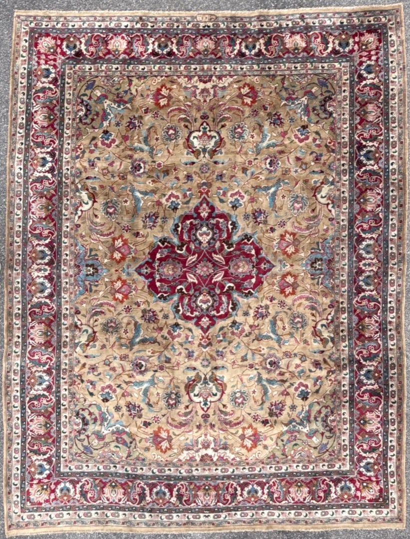 VINTAGE PERSIAN TABRIZ HAND KNOTTED RUG WITH CARTOUCHE, 9.7 x 12.5 (292cm x 378cm): An elegant and finely detailed Persian Tabriz carpet, showcasing the sophistication and artistry for which Tabriz weaving is internationally renowned. This beautifully composed piece features a lumino