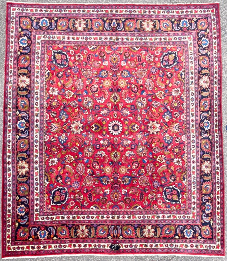 VINTAGE, SIGNED PERSIAN TABRIZ HAND KNOTTED RUG, 10.0 x 11.7 (305cm x 353cm): Vintage Persian Tabriz rug was hand knotted in Iran of 100% natural wool and has a cotton foundation. The rug is 60+ years, has medium wool piles and is in excellent condition for its a