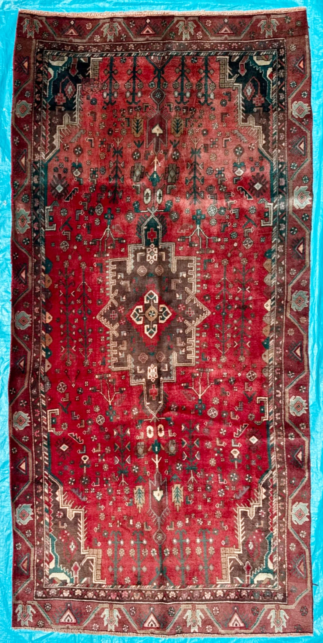 ANTIQUE PERSIAN HOSSEINABAD HAND KNOTTED RUNNER, 4.5 x 9.3 (135cm x 282cm): Antique Persian Hosseinabad (Hamadan area) runner was hand knotted in Iran of 100% natural wool with a cotton foundation. This rug is at least 90+ years old, has full wool piles and is in excelle