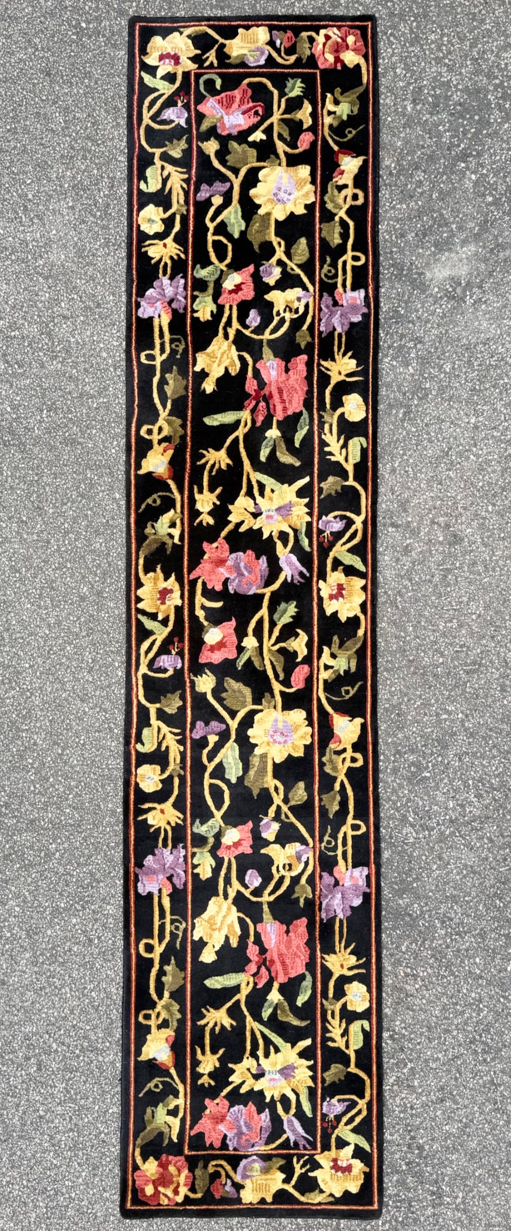 SAVONNERIE STYLE HAND KNOTTED RUNNER, 2.7 x 11.11 (79cm x 363cm): Offered here is a Savonnerie style runner was hand knotted in northern India of 100 percent natural wool on a cotton foundation. It has full wool piles and is in like new condition. Its stri