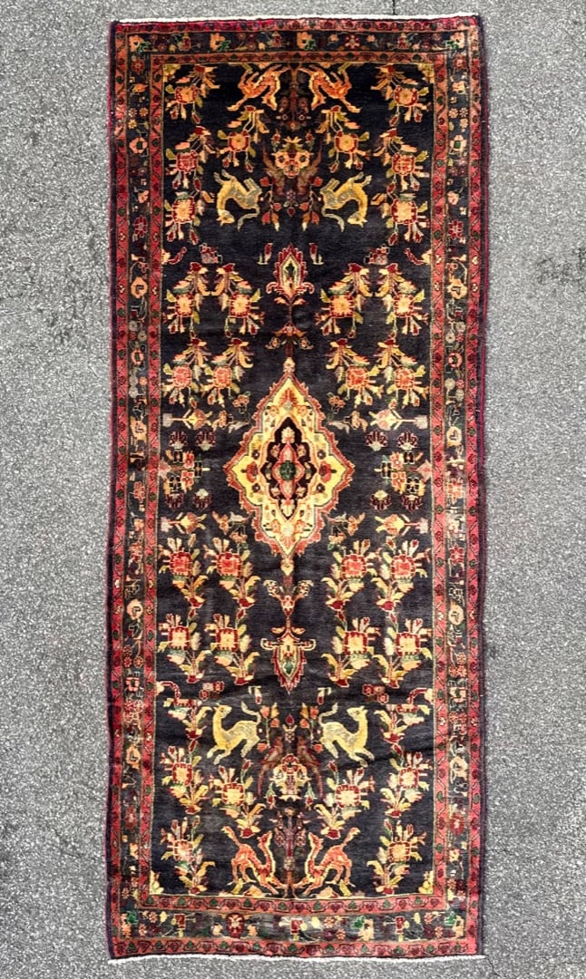 ANTIQUE PERSIAN MEHRABAN PICTORIAL HAND KNOTTED RUNNER, 4.2 x 10.7 (127cm x 323cm): Antique Persian Hamadan Mehraban runner was hand knotted in Iran of 100 percent natural wool. This rug is 90+ years old, has medium wool piles and is in excellent condition for its age. Beautiful