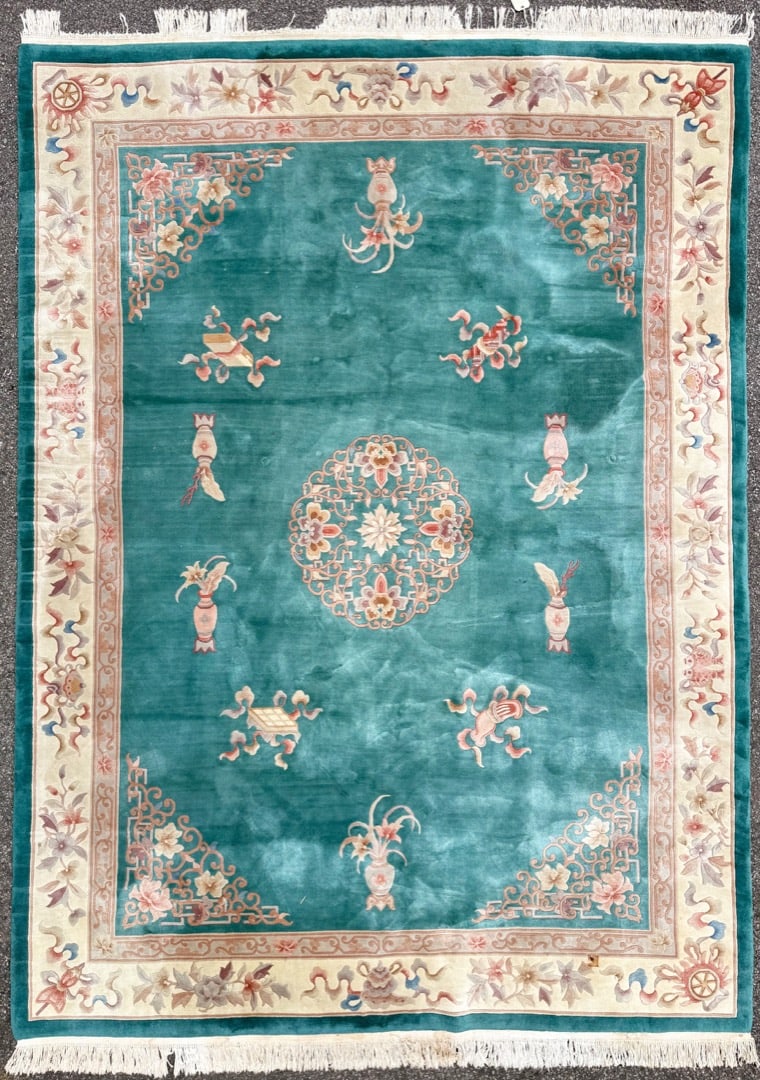 SINO ART DECO HAND KNOTTED RUG, 9.0 x 12.3 (274cm x 373cm): This hand-knotted Chinese Art Deco revival carpet is built around a saturated teal field. This creates a calm, uninterrupted plane of color that instantly grounds a space without overwhelming it. The 