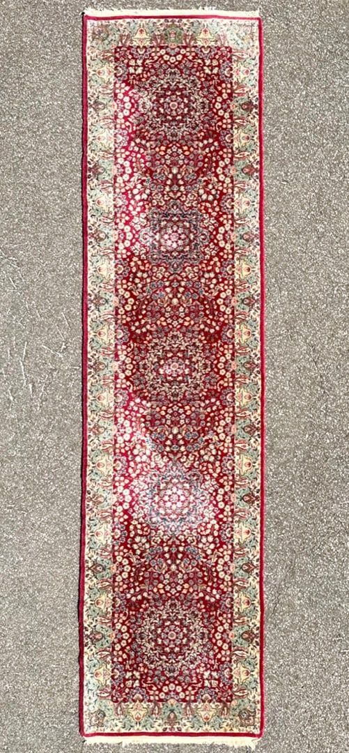 VINTAGE PERSIAN KERMAN HAND KNOTTED RUNNER WITH 200+ KPSI, 2.9 x 10.11 (84cm x 333cm): Offered here is a vintage, Persian Kerman runner, hand knotted in Iran of 100 percent natural wool on a cotton foundation. This rug is 60+ years old, has medium wool piles and is in excellent conditio