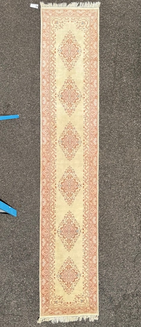 EXTRA LONG KERMAN HAND KNOTTED RUNNER, 2.7 x 13.8 (79cm x 417cm): Extra-long Kerman runner, made of 100 percent natural wool on a cotton foundation. This rug has full wool piles and is in like new condition, with beautiful colors and made with outstanding quali