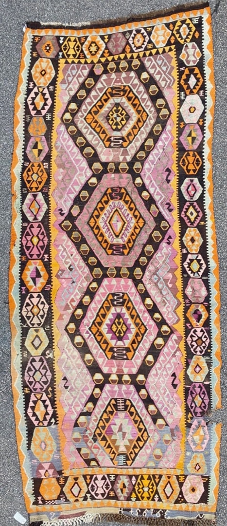 VINTAGE SIGNED, QASHQAI KILIM HAND KNOTTED RUNNER, DISTRESSED, 5.6 x 13.9 (168cm x 419cm): Offered here is a vintage Qashqai Kazak flat weave runner was hand knotted in Turkey of 100 percent natural wool and has flat weave wool piles. This rug is 60+ years old and is in excellent conditio