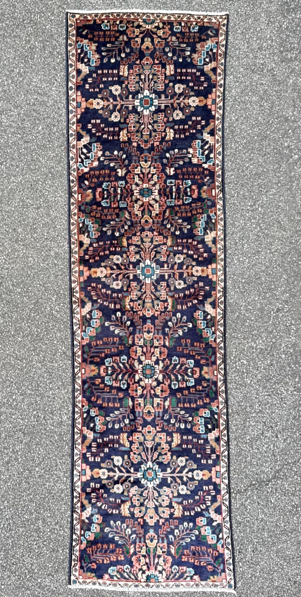 VINTAGE PERSIAN HOSSEINABAD HAND KNOTTED RUNNER, 2.9 x 9.8 (84cm x 295cm): This is a vintage, Persian Hosseinabad runner that was hand knotted in Iran of 100 percent natural wool on a cotton foundation in the Hamadan Region of Iran. This rug is 70+ years old, has medium
