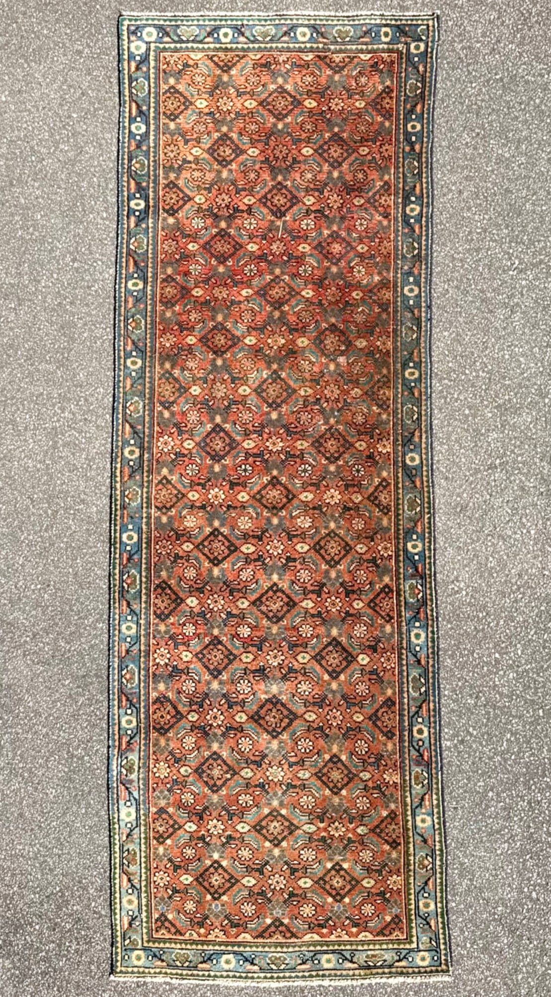 VINTAGE PERSIAN MAHI HERATI HAND KNOTTED RUNNER, 3.4 x 9.10 (102cm x 300cm): Vintage Persian Mahi Herati runner was hand knotted in Iran of 100 percent natural wool and has a cotton foundation. The rug is 60+ years old, has medium wool piles and is in excellent 