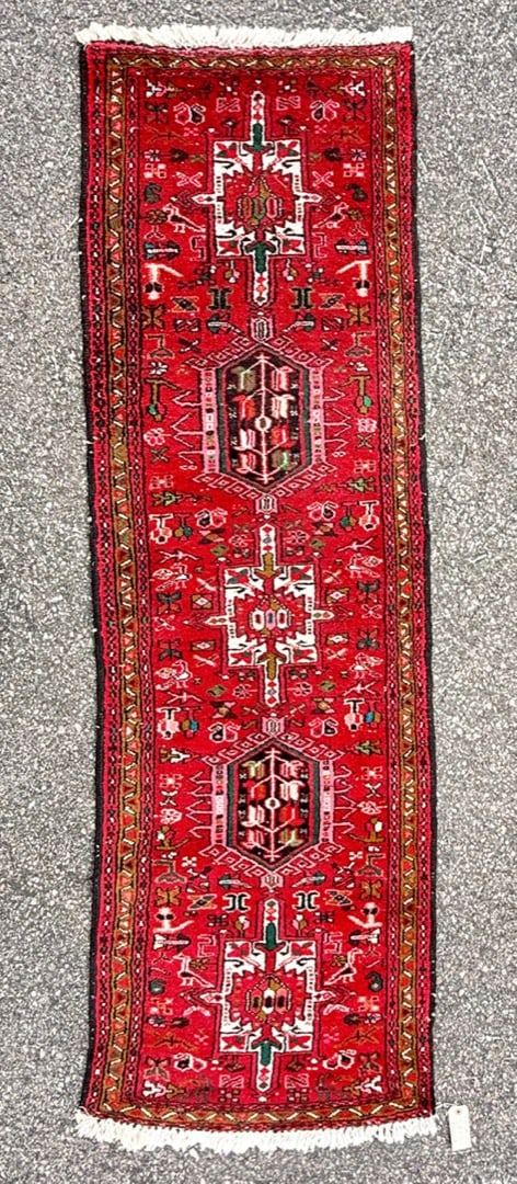 VINTAGE PERSIAN AFSHAR HAND KNOTTED RUNNER, 2.0 x 6.5 (61cm x 196m): A striking Persian Afshar tribal runner featuring bold, stacked geometric medallions set against a richly saturated red field, showcasing the powerful visual language associated with Caucasian Kazak d