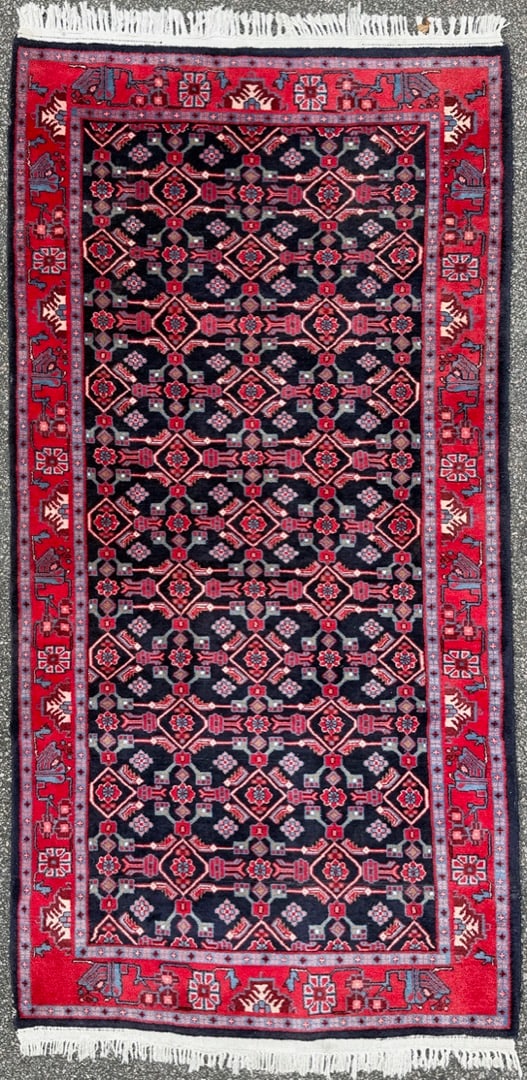 PERSIAN HAMADAN HAND KNOTTED RUG, 4.7 x 9.8 (140cm x 295cm): Persian Hamadan rug was hand knotted in Iran of 100 percent natural wool. This rug has full wool piles and is in like new condition. Beautiful colors with excellent quality. No repairs, very soft