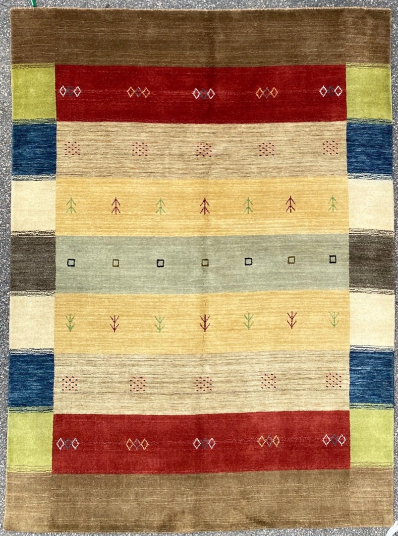 GABBEH HAND KNOTTED RUG, NEW, 5.0 x 6.10 (152cm x 208cm): Gabbeh rug was hand knotted in Tibet of 100 percent natural wool on a cotton foundation. The rug has full, wool piles and is in brand new condition. Beautiful colors with excellent qual