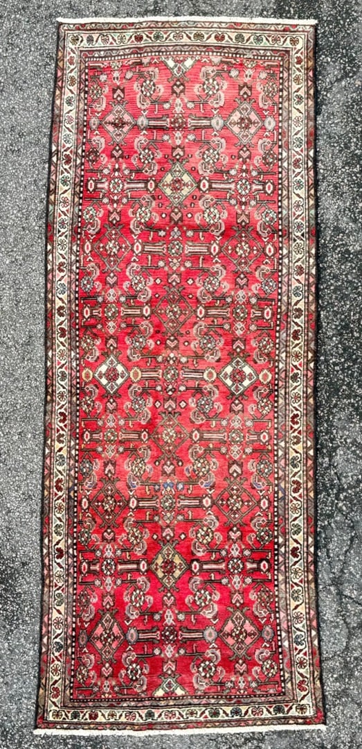 ANTIQUE PERSIAN HAMADAN HAND KNOTTED RUNNER, 3.6 x 9.0 (107cm x 274cm): Antique Persian Hamadan runner was hand knotted in Iran of 100 percent natural wool. This rug is 90+ years old, has medium wool piles and is in excellent condition for its age. Beautiful colors w