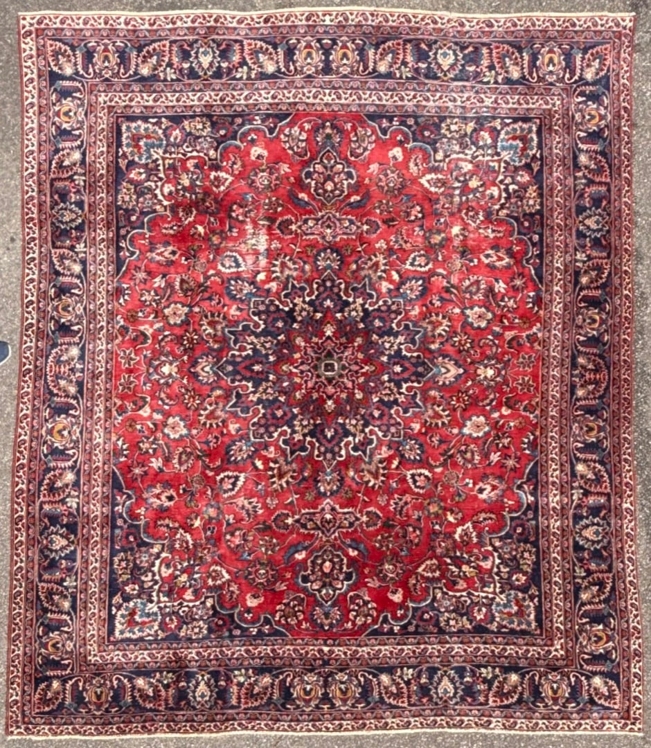 VINTAGE PERSIAN MASHAD HAND KNOTTED RUG, 9.3 x 11.0 (282cm x 335cm): Offered here is a vintage Persian Mashad rug, hand knotted in Persia of 100 percent natural wool on a cotton foundation. This rug is 60+ years old and has Medium to low wool piles and is in excel