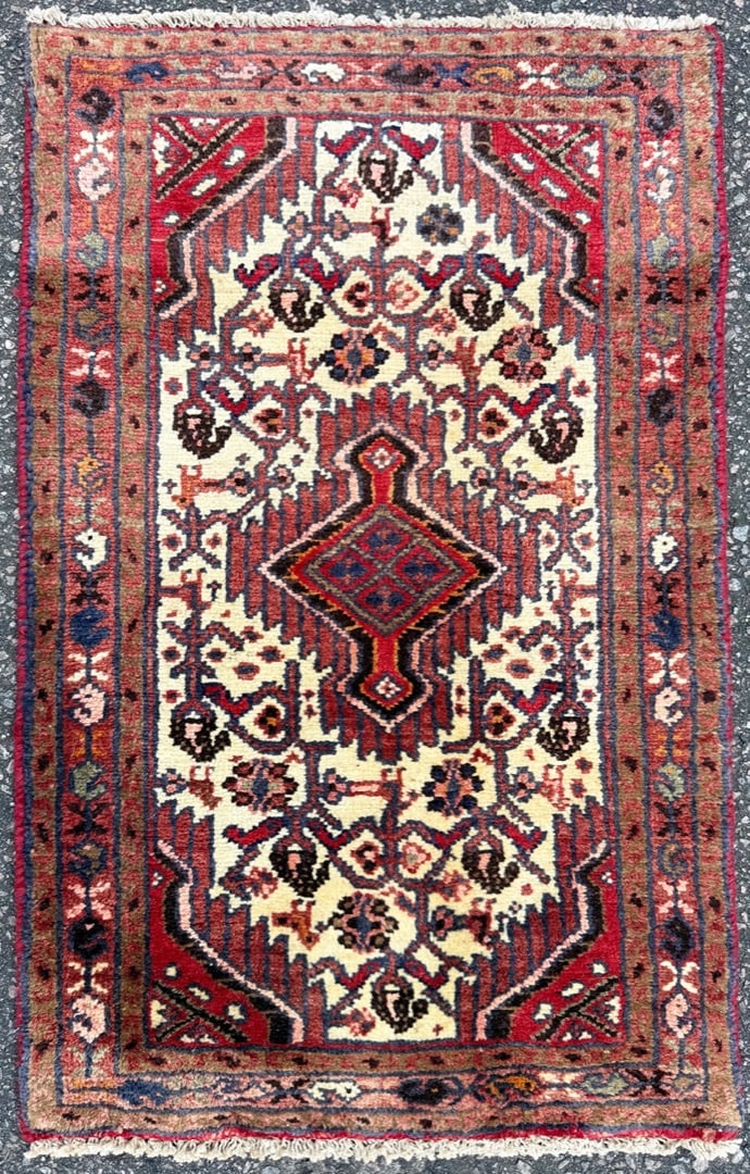 ANTIQUE PERSIAN HAMADAN HAND KNOTTED RUG, 2.0 x 3.1 (61cm x 94cm): Antique Persian Hamadan rug was hand knotted in Iran of 100% natural wool. This rug is 90+ years old, has medium wool piles and is in excellent condition for its age. This rug is a beautifully compos