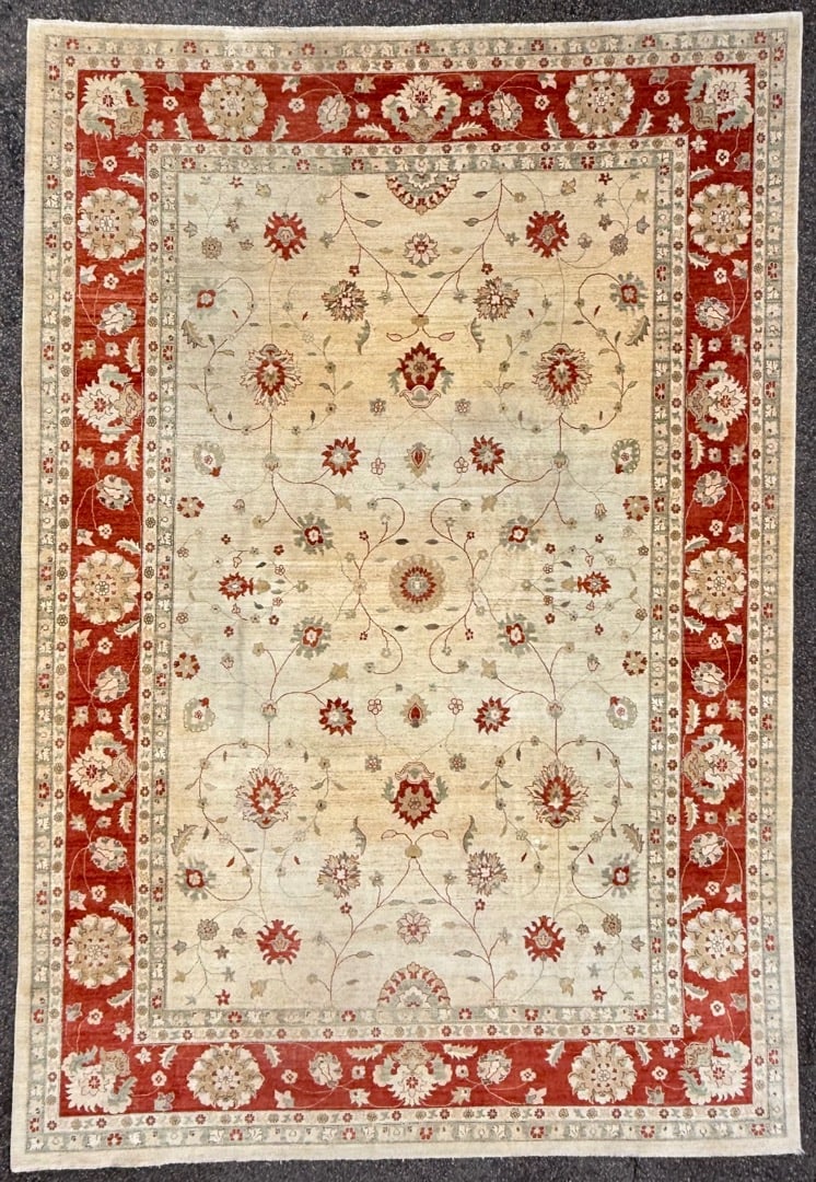 MANSION SIZED OUSHAK HAND KNOTTED RUG, 12.1 x 17.7 (368cm x 536cm): Mansion sized, Oushak rug was hand knotted in Turkey of 100 percent natural wool on a cotton foundation. The rug has full wool piles and is in excellent condition. Beautiful colors and made 
