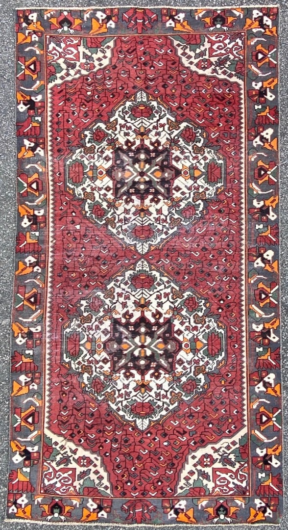 ANTIQUE PERSIAN HAMADAN HAND KNOTTED RUG, 5.0 x 9.7 (152cm x 292cm): Antique Persian Hamadan rug was hand knotted in Iran of 100 percent natural wool. This rug is 90+ years old, has medium to low wool piles and is in excellent condition for its age. Beautiful colo