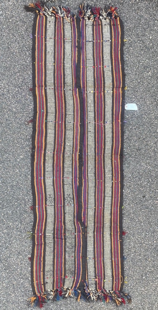 VINTAGE QASHQAI KILIM HAND KNOTTED RUG, DISTRESSED, 2.2 x 6.6 (66cm x 198cm): Vintage Qashqai Kazak flat weave rug was hand knotted in Turkey of 100% natural wool and has flat weave wool piles. This rug is 60+ years old and is in excellent condition for its age, though slight