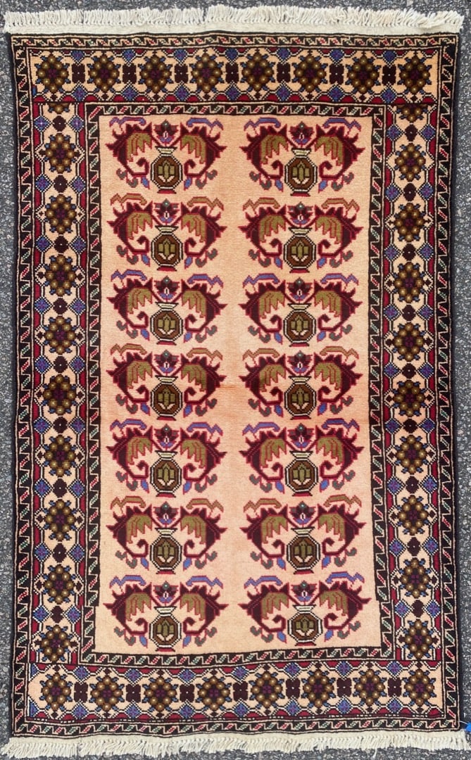 BALOUCH HAND KNOTTED PRAYER RUG, NEW, 2.11 x 4.8 (89cm x 142cm): Balouch prayer rug was hand knotted in Afghanistan of 100% natural wool on a cotton foundation. It has medium wool piles and is in brand new condition. Beautiful colors with excellent q