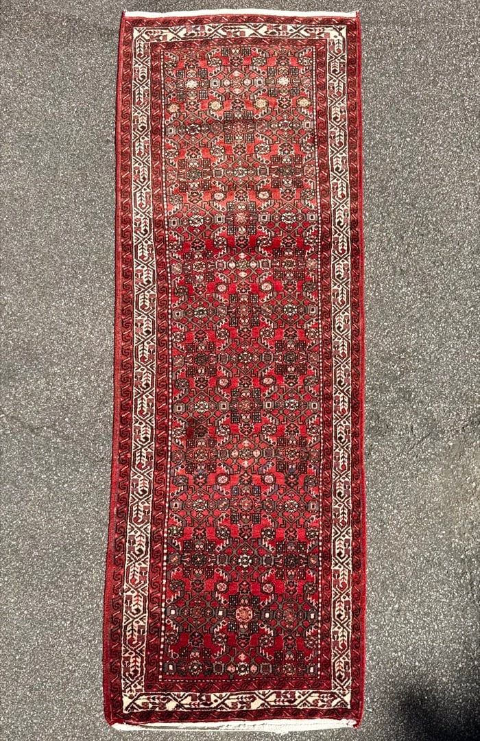 VINTAGE PERSIAN HOSSEINABAD HAND KNOTTED RUNNER, 3.3 x 10.0 (99cm x 305cm): Vintage Persian Hosseinabad (Hamadan area) runner was hand knotted in Iran of 100 percent natural wool with a cotton foundation. This rug is 50+ years old, has full wool piles and is in excellent