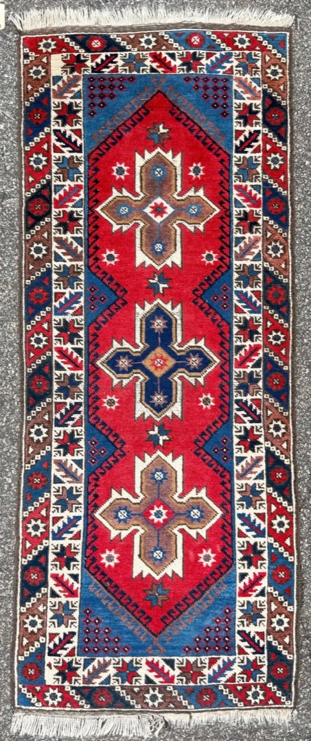 VINTAGE PERSIAN KAZAK CAUCASIAN HAND KNOTTED RUG, 2.5 x 6.2 (74cm x 188cm): Vintage Caucasian Kazak rug was hand knotted in Persia (Iran) of 100% natural wool on a cotton foundation. The rug is 50+ years old and displays a striking three-medallion composition, with 