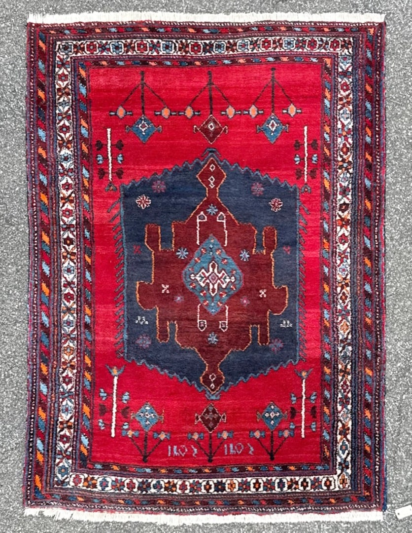 VINTAGE PERSIAN AFSHAR HAND KNOTTED RUG, 5.0 x 7.6 (152cm x 203cm): Vintage Afshar rug was hand knotted in Persia (Iran) of 100% natural wool on a cotton foundation. The rug is 50+ years old that features a rich madder-red field centered around a large&