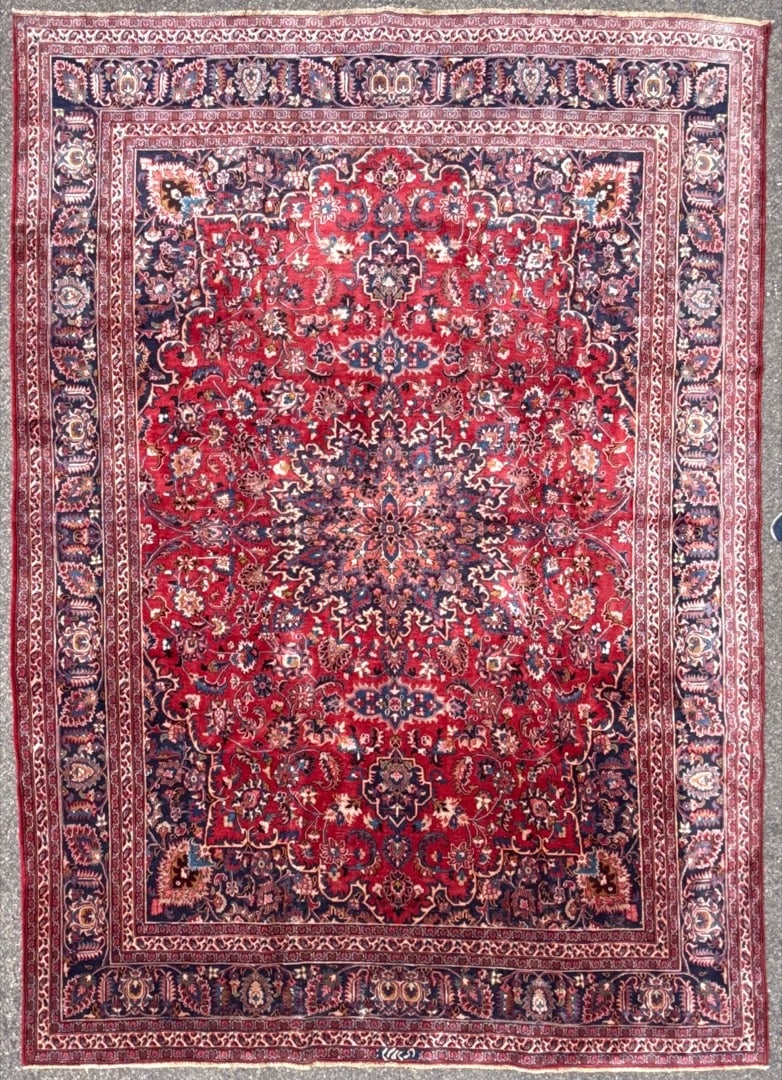 SIGNED VINTAGE PERSIAN MASHAD HAND KNOTTED RUG, 9.3 x 13.0 (282cm x 396cm): Vintage Persian Mashad rug, hand knotted in Persia of 100 percent natural wool on a cotton foundation. This rug is 60+ years old and has full wool piles and is in excellent condition for its age. Be