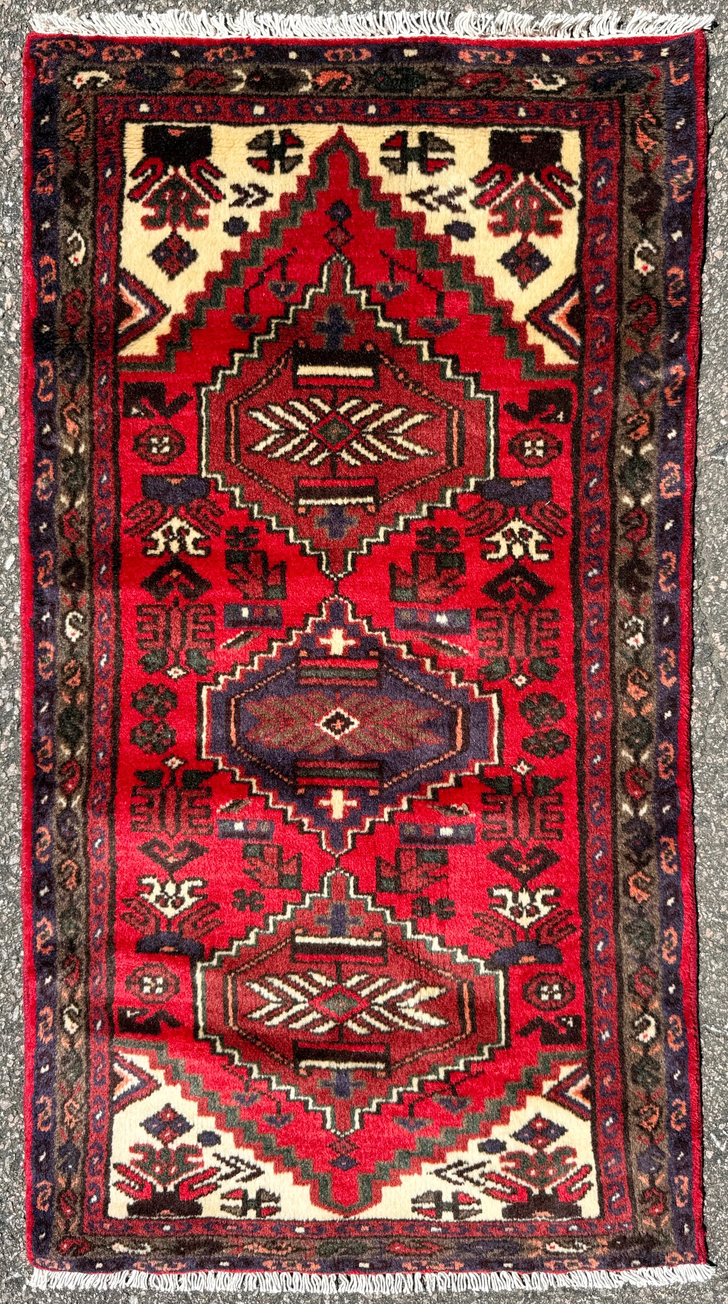 VINTAGE PERSIAN HAMADAN TRIBAL HAND KNOTTED RUG, 2.3 x 4.2 (69cm x 127cm): Vintage Persian Hamadan rug was hand knotted in Iran of 100% natural wool on a cotton foundation. This rug is 60+ years old, has medium wool piles and is in excellent condition for its age. The c