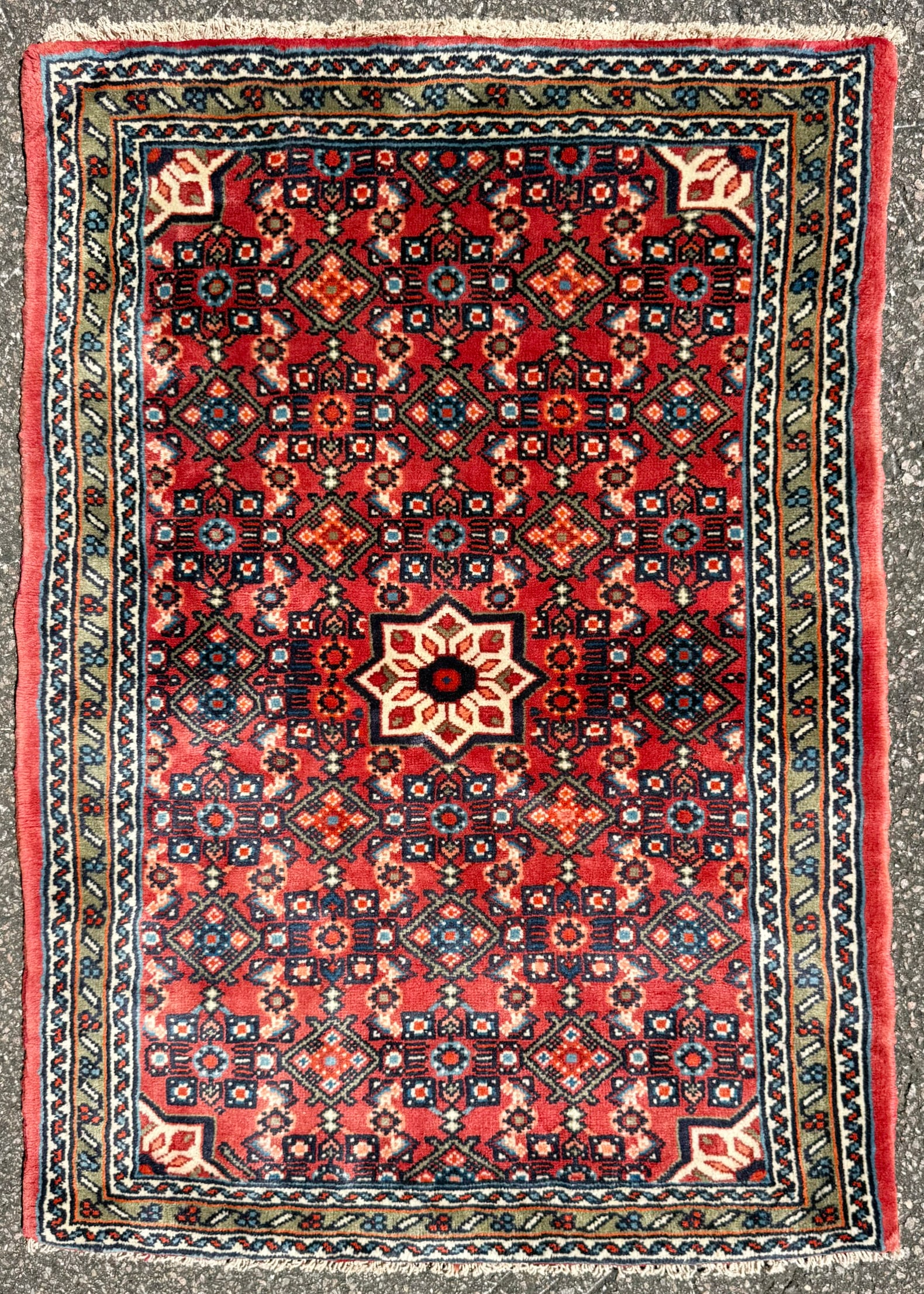 VINTAGE PERSIAN HAMADAN TRIBAL HAND KNOTTED RUG, 3.3 x 4.4 (99cm x 132cm): Vintage Persian Hamadan rug was hand knotted in Iran of 100% natural wool on a cotton foundation. This rug is 60+ years old, has medium wool piles and is in excellent condition for its age. Woven